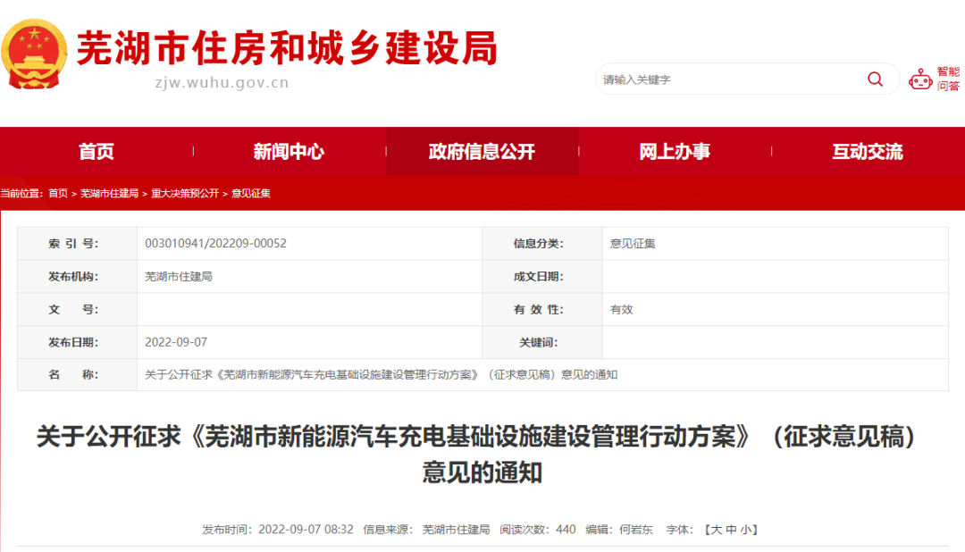 政策 | 关于公开征求《芜湖市新能源汽车充电基础设施建设管理行动方案》（征求意见稿）意见的通知￼